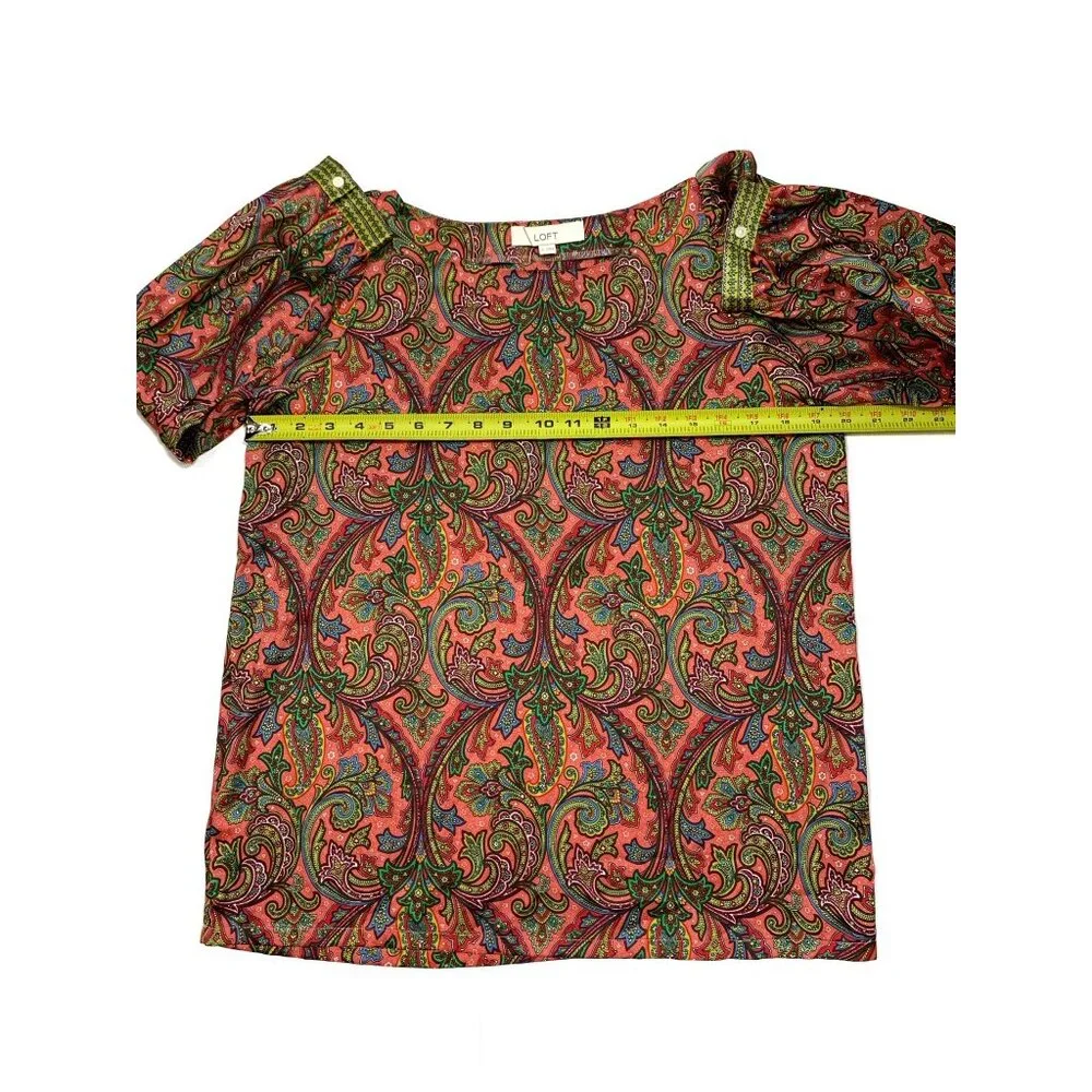 LOFT Women's Filigree Pattern Boat Neck Multicolor Puff Sleeve Blouse Size Small